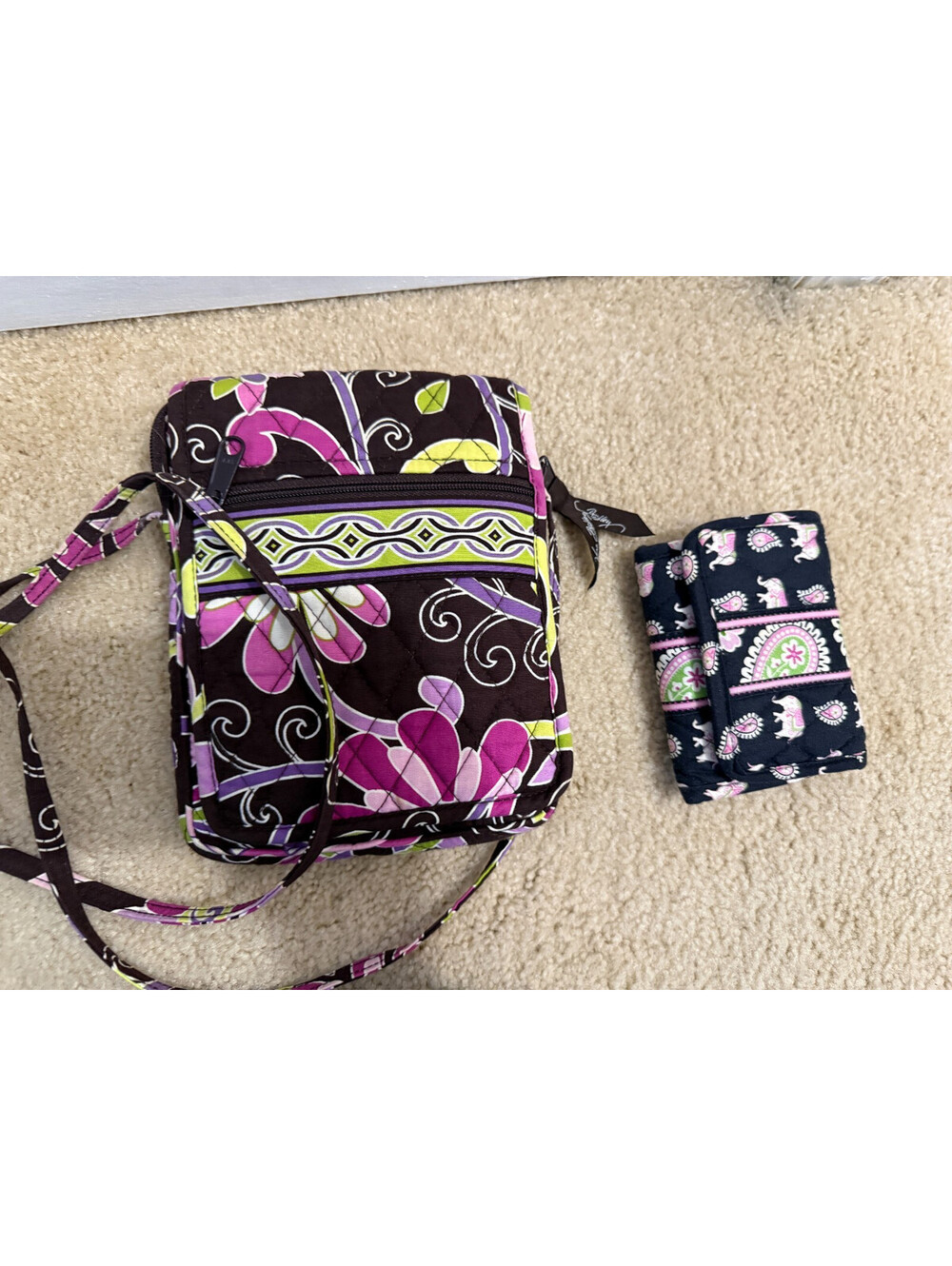 Vera Bradley Retired Purple Punch Crossbody Bag + Pink Elephants Wallet 2pc Lot